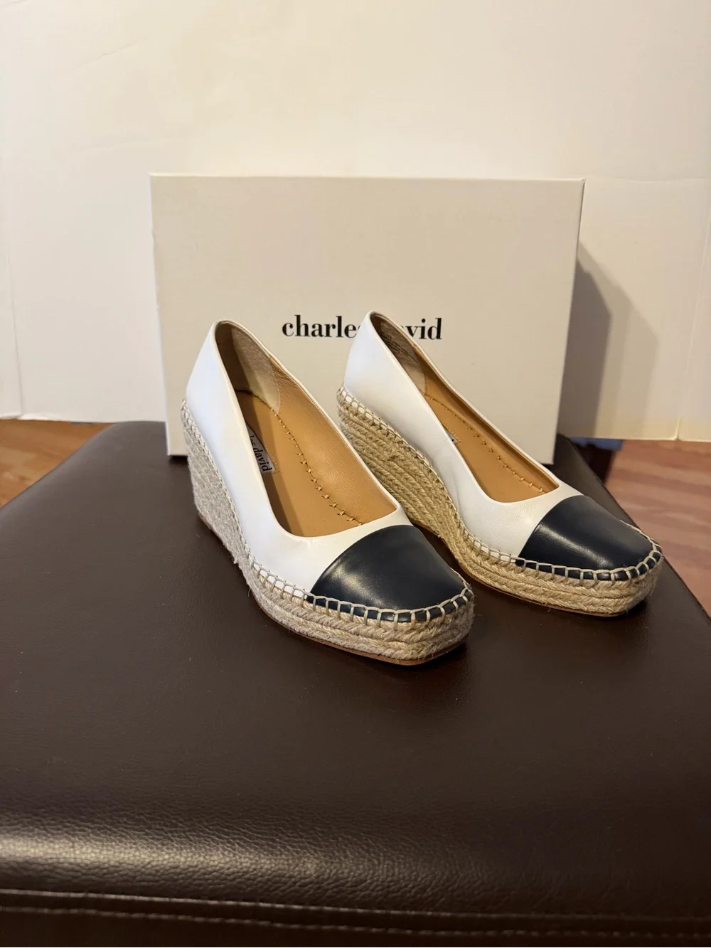 Charles David White and Navy Espadrille Wedge Flats with Jute Platform